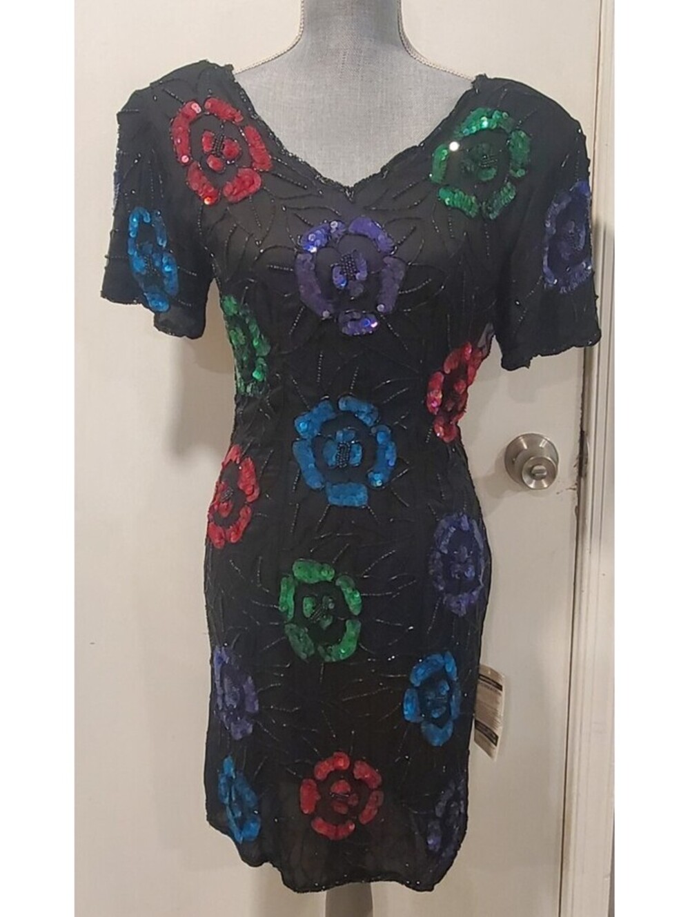 Styleworks Size 8 Black Beaded Colored Floral Sequin Cocktail Dress Vintage 80s